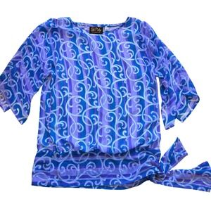 Bob Mackie Wearable Art Women Scroll Print Side Tie Blouse Blue Purple Small